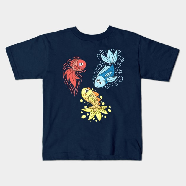 Red Yellow Blue Fishes Kids T-Shirt by KammyBale